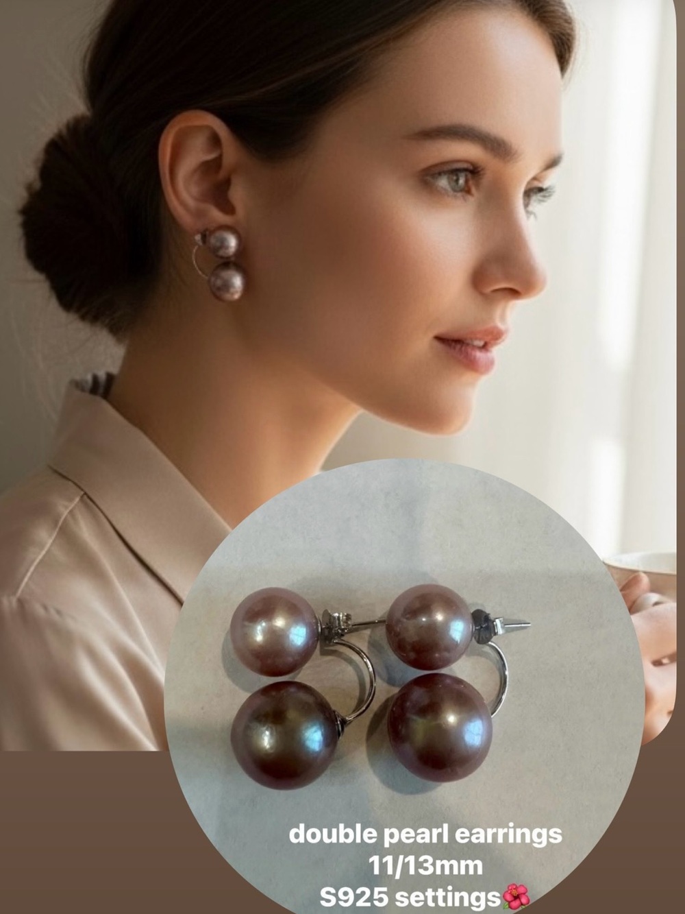 Authentic edison, Double Pearl Drop Earrings in Lavender Pearl - S925 Silver..